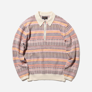 Beams+ - HALF ZIP JACQUARD POLO SHIRT - WHITE/MULTI -  - Main Front View