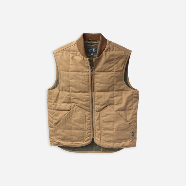A tan quilted zip-up vest with a stand collar and two front patch pockets, shown flat against a light gray background.