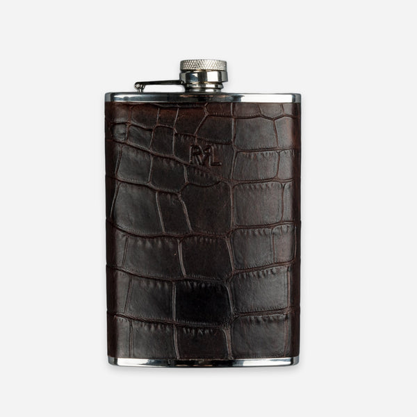 VINTAGE DRINKING FLASK WITH LEATHER CASE  - SILVER/BLACK