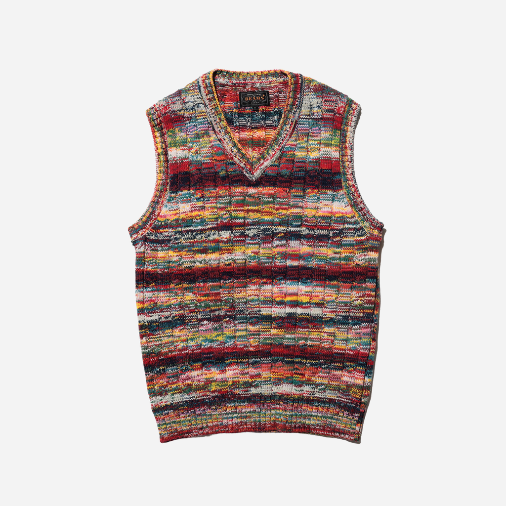 Beams+ Beams Plus Cable Knit Vest Kasuri - Red - The Great Divide
