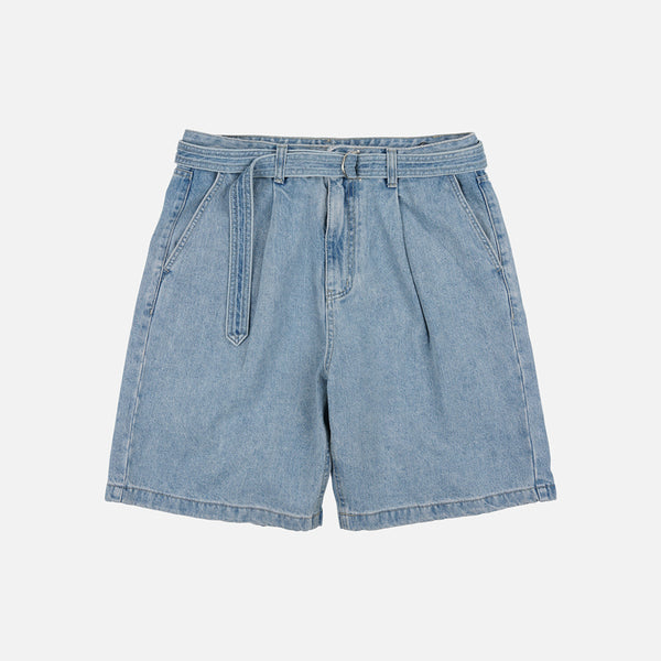 LYOCELL BELTED DENIM SHORTS - LIGHT BLUE