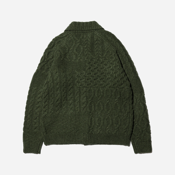Beams Plus Cardigan Aran Patchwork Cardigan - Olive