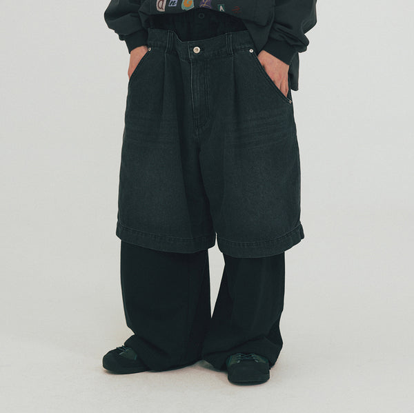 DENIM LAYERED SWEAT PANTS - BLACK