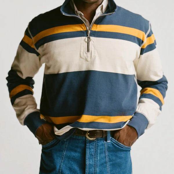 STRIPE QUARTER ZIP RUGBY - ECRU/NAVY-YELLOW