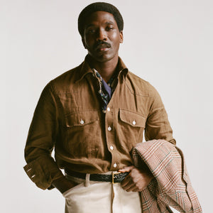 Drakes - LINEN WESTERN SHIRT - BROWN -  - Alternative View 1