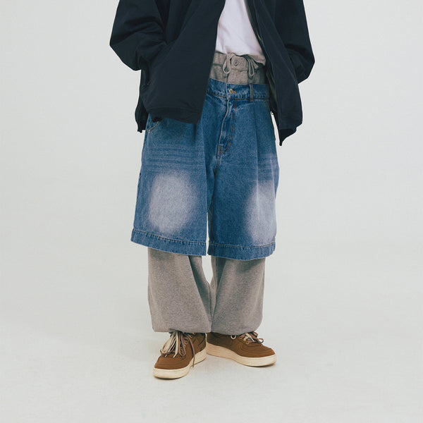 DENIM LAYERED SWEAT PANTS - MELANGE GREY