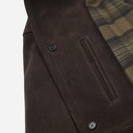 SUEDE FRENCH CAR COAT - DARK BROWN