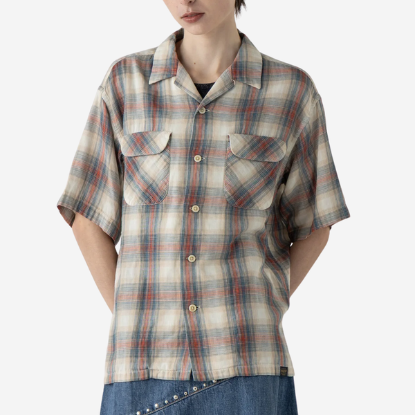OPEN COLLAR SHIRT - S/S - RUST/NAVY