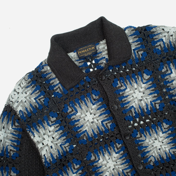 CROCHET POLO BUTTON KNIT - BLUE/GREY