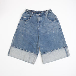 Anglan - TURN UP SELVEDGE DENIM HALF PANTS - WASHED BLUE -  - Main Front View