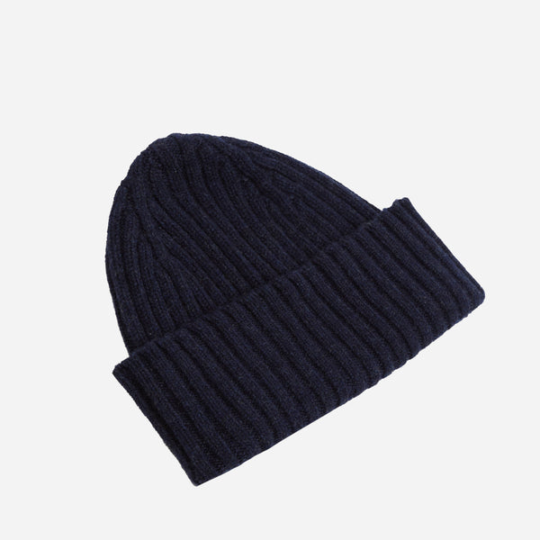 Drake's Lambswool Ribbed Knit Beanie - Oxford Blue
