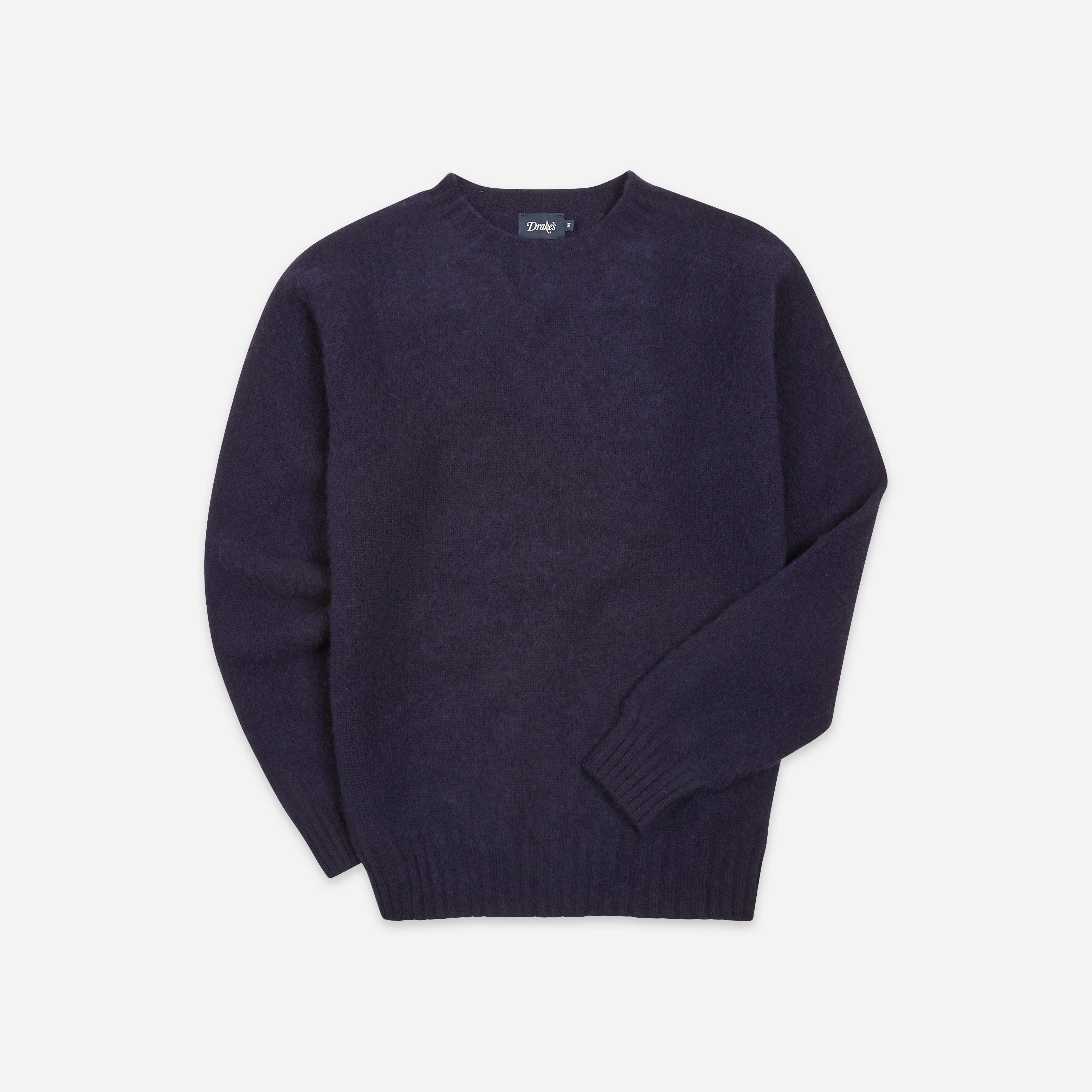 Drakes BRUSHED SHETLAND CREW KNIT SWEATER - NAVY - The Great Divide