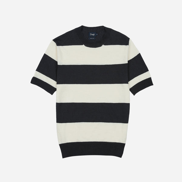 STRIPED KNIT SS CREW SWEATER - ECRU/CHARCOAL