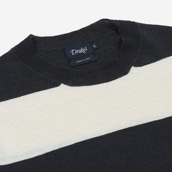 STRIPED KNIT SS CREW SWEATER - ECRU/CHARCOAL