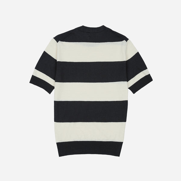 STRIPED KNIT SS CREW SWEATER - ECRU/CHARCOAL