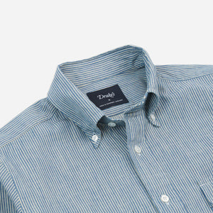 Drakes - STRIPED DENIM WORK SHIRT - BLUE -  - Alternative View 1
