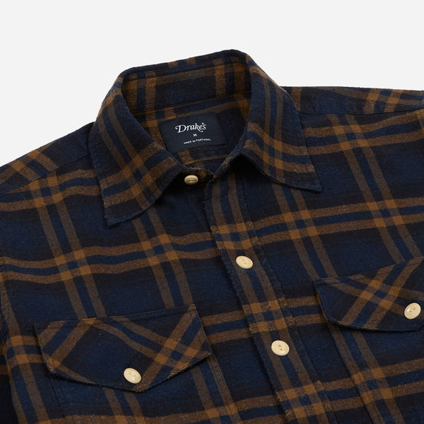 Drake's LP Two-Pocket Check Shirt - Navy & Tobacco