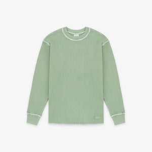 Dubbleware - Dubbleware Washed Waffle Sweatshirt - Green - A sage green ribbed knit long-sleeve shirt with contrasting light green trim along the crew neck, shoulders, cuffs, and hem, displayed flat against a light gray background. - Main Front View
