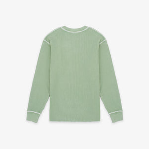 Dubbleware - Dubbleware Washed Waffle Sweatshirt - Green - A sage green ribbed knit long-sleeve shirt with white contrast stitching on the shoulders, cuffs, and collar, shown flat against a light gray background. - Alternative View 1