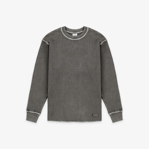 Dubbleware - Dubbleware Washed Waffle Sweatshirt - Grey - A dark gray ribbed knit long-sleeve shirt with contrasting light gray trim around the crew neck, sleeve seams, and cuffs, shown flat on a light gray background. - Main Front View