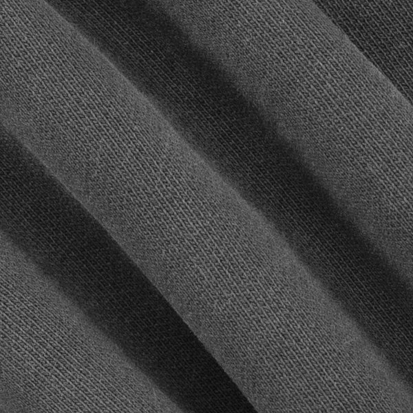 A close-up of dark charcoal gray knit fabric with soft diagonal folds showing the woven texture.