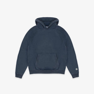 Dubbleware - Dubbleware Vintage Dye Hoodie - Washed Navy - A dark navy blue pullover hoodie with a kangaroo pocket and a small circular white logo on the left sleeve cuff, displayed against a clean off-white background. - Main Front View