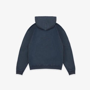 Dubbleware - Dubbleware Vintage Dye Hoodie - Washed Navy - A dark navy blue hooded sweatshirt shown from the back, laid flat against a clean white background. - Alternative View 1