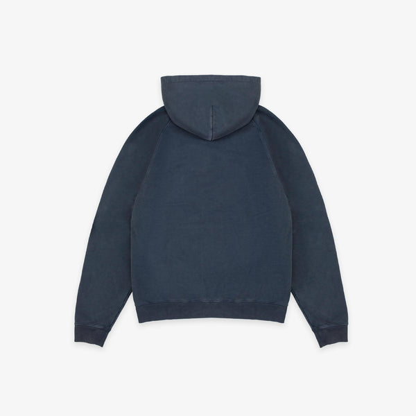 A dark navy blue hooded sweatshirt shown from the back, laid flat against a clean white background.