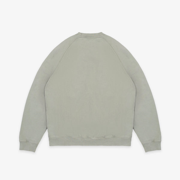 A light sage green crewneck sweatshirt shown from the back, laid flat against a clean white background.
