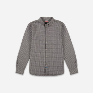 Dubbleware - Dubbleware Vintage Button Down Shirt - Black Broken Herringbone - A long-sleeve button-down shirt with a small-scale gray and white micro-check pattern, displayed flat against a light gray background. - Main Front View