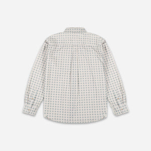 Dubbleware - Dubbleware Vintage Button Down Shirt - Grey Printed Cord - A long-sleeve button-up shirt shown from the back, featuring a small repeating geometric grid pattern in gray and black over a white base, set against a light gray background. - Alternative View 1