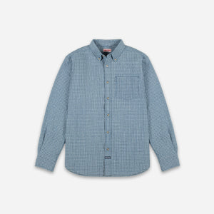 Dubbleware - Dubbleware Vintage Button Down Shirt - Indigo Broken Herringbone - A light blue and white checkered long-sleeve button-down shirt with a chest pocket, displayed flat against a light gray background. - Main Front View