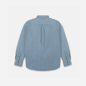 Dubbleware - Dubbleware Vintage Button Down Shirt - Indigo Broken Herringbone - A light blue and white checkered long-sleeve button-down shirt with a central rear pleat.  - Alternative View 1