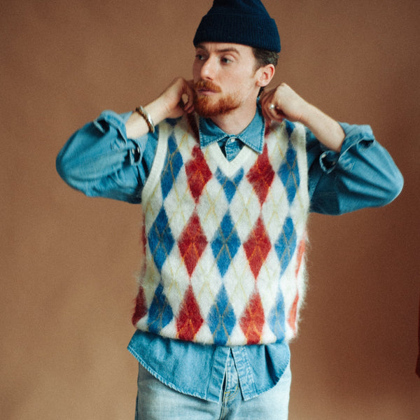 ARGYLE MOHAIR VEST - WHITE/MULTI