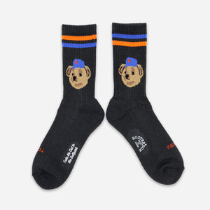 Rostersox - TEAM BEAR SOCKS - BLACK - A pair of dark charcoal gray crew socks featuring a cartoon dog face wearing a blue cap on the upper leg, with blue and orange stripes near the cuff. White text on the toes reads 'Tired of Being Sh*tty'. - Main Front View