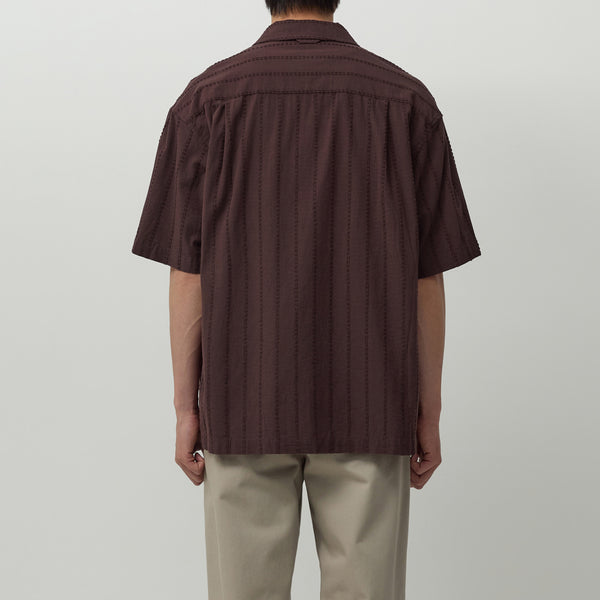 OPEN COLLAR HALF SHIRT - BURGUNDY STRIPE