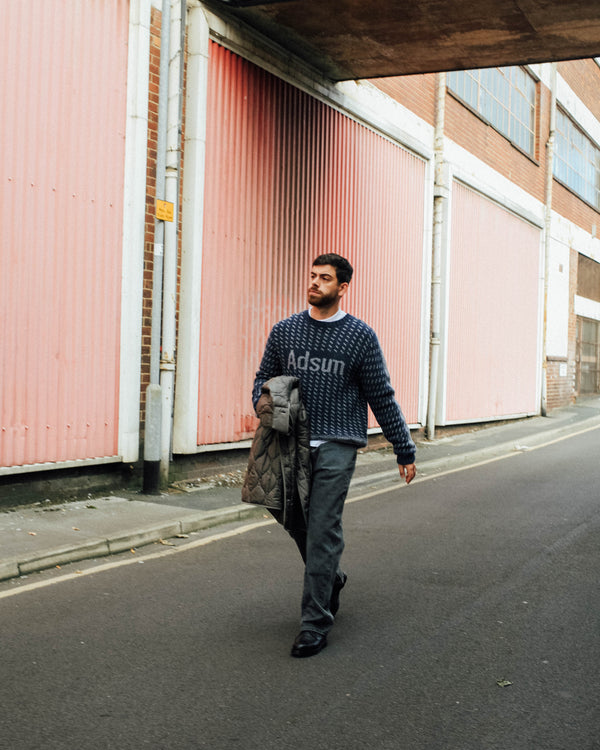 LOGO KNIT CREWNECK SWEATER  - NAVY/GREY