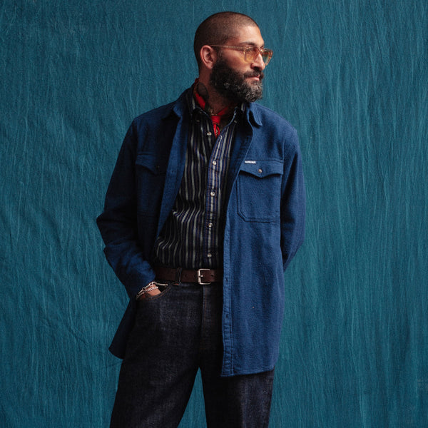 NOTCHED POCKET HEAVY FLANNEL OVERSHIRT - NAVY