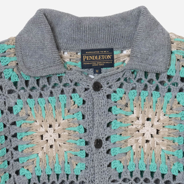 CROCHET POLO BUTTON KNIT - TEAL/GREIGE