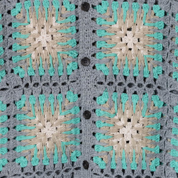 CROCHET POLO BUTTON KNIT - TEAL/GREIGE