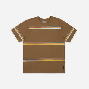Pendleton - Pendleton Stripe T-Shirt - Joshua Tree - A brown short-sleeve crewneck t-shirt with horizontal stripes in yellow, red, and blue across the chest and sleeve cuffs, shown flat on a light gray background. - Main Front View