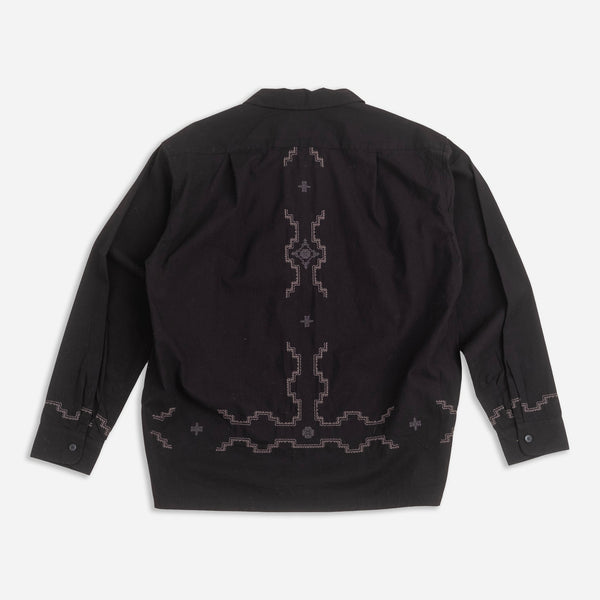 EMBROIDERED OPEN COLLAR POCKET SHIRT - BLACK HARDING