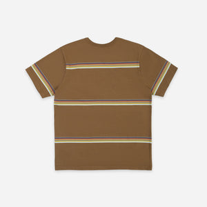 Pendleton - Pendleton Stripe T-Shirt - Joshua Tree - A brown short-sleeve t-shirt with horizontal multicolor stripes across the chest, waist, and sleeve cuffs, displayed flat against a light gray background. - Alternative View 1