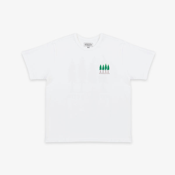 A white short-sleeve crewneck t-shirt with a small green graphic of four pine trees and the word 'PINEAPPLE' printed on the left chest, displayed on a clean white background.