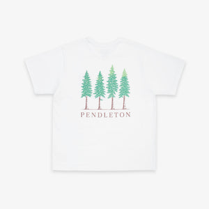Pendleton - Pendleton Tree T-Shirt - White - A white short-sleeve crewneck t-shirt featuring a graphic of four green pine trees with brown trunks and the word 'PENDLETON' printed below in brown, displayed on a clean white background. - Alternative View 1