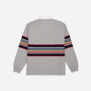 Pendleton - Pendleton Rugby Shirt - Yellowstone - A light gray long-sleeve rugby shirt shown from the back, featuring a horizontal multicolor stripe pattern across the back and upper sleeves. - Alternative View 1