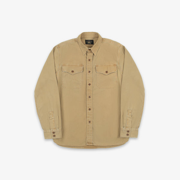 A beige long-sleeve button-up shirt with two chest flap pockets, laid flat against a light gray background.