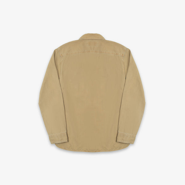A tan long-sleeve button-up shirt shown from the back, laid flat against a light gray background.
