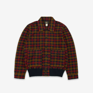 Double RL By Ralph Lauren - Knit-Bomber Jacket - Red - A plaid button-up jacket with a red, green, and yellow tartan pattern, featuring a dark navy ribbed collar, cuffs, and hem, displayed flat against a light gray background. - Main Front View