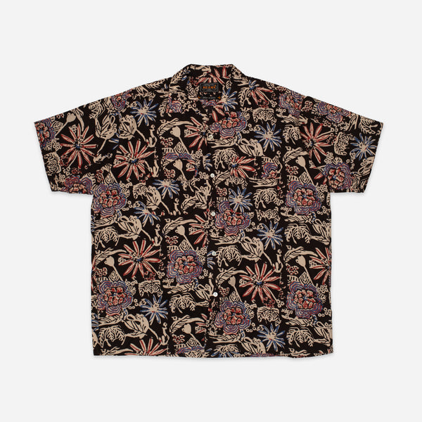 OPEN COLLAR BLOCK FLORAL SHIRT - BLACK
